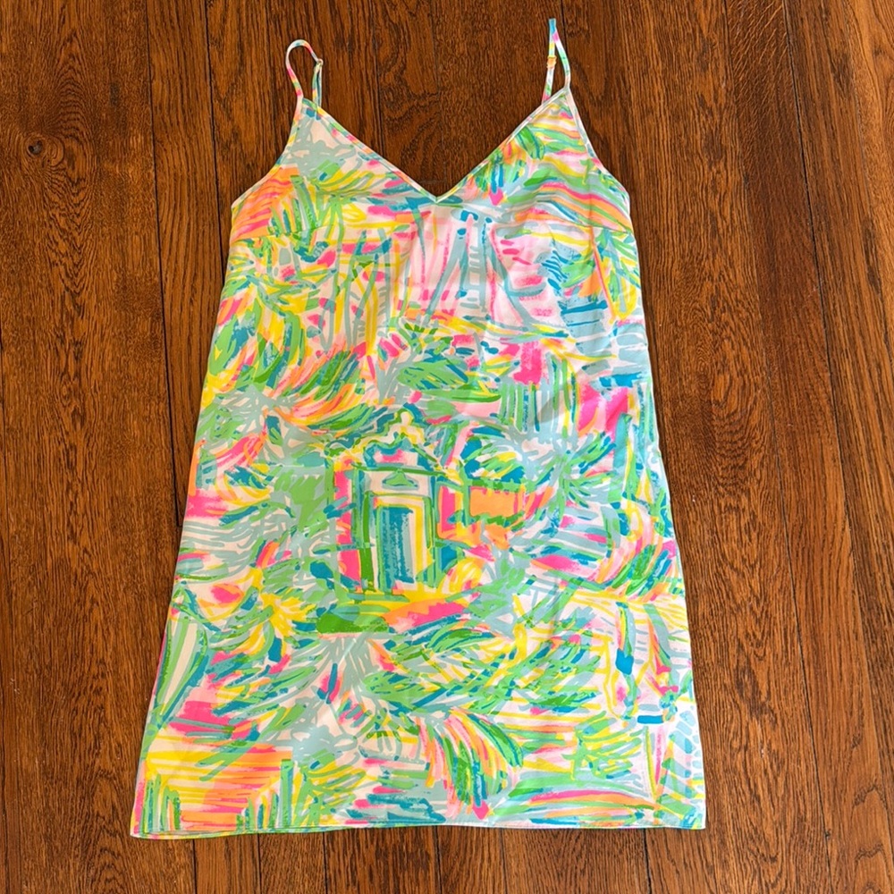Lilly Pulitzer Green and Pink Slip Dress Sleeveless Mini